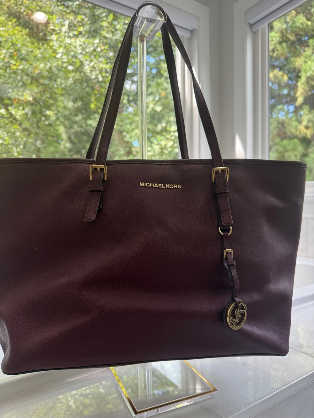 Michael Kors Deep Plum Leather Tote with Gold Hardware